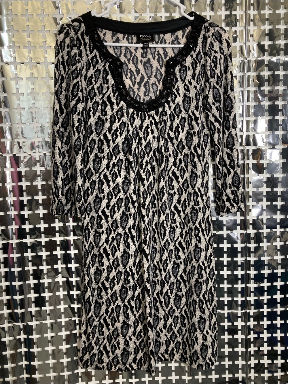 Nicole Miller Black and White Animal Print Scoop Neck Dress